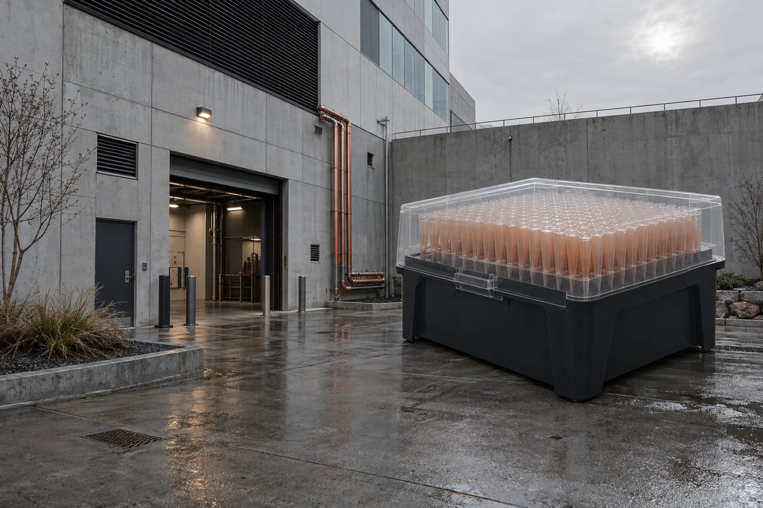 An oversized pipette tip box stands beside a generic biopharmaceutical research building under an overcast sky.