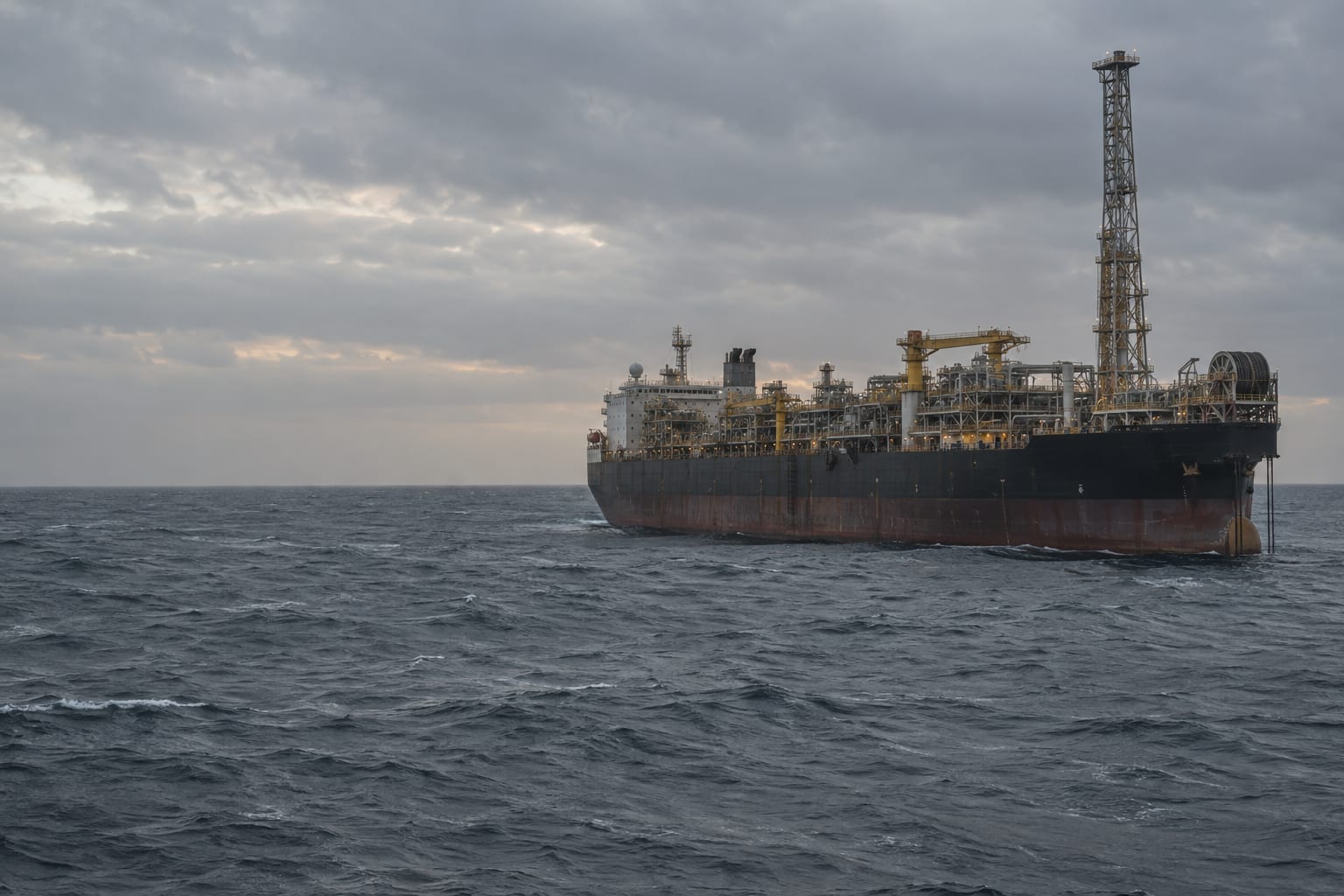 An anonymous offshore production vessel sits on grey water under low cloud.