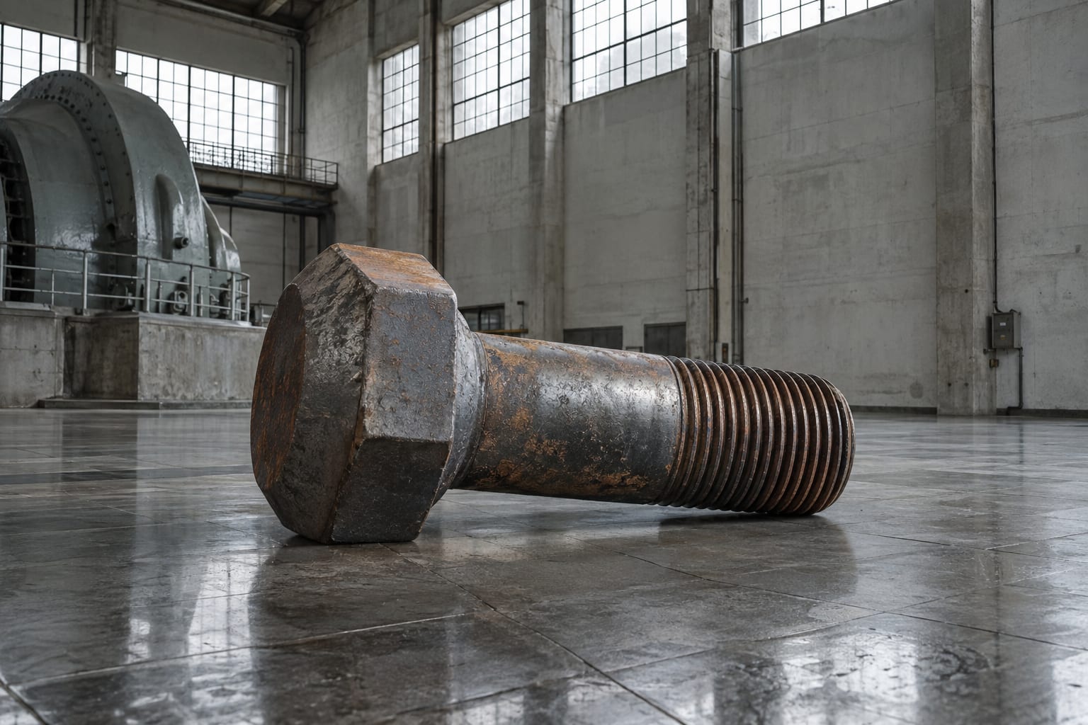 An oversized steel turbine bolt stands on the tiled floor of an empty industrial maintenance bay.