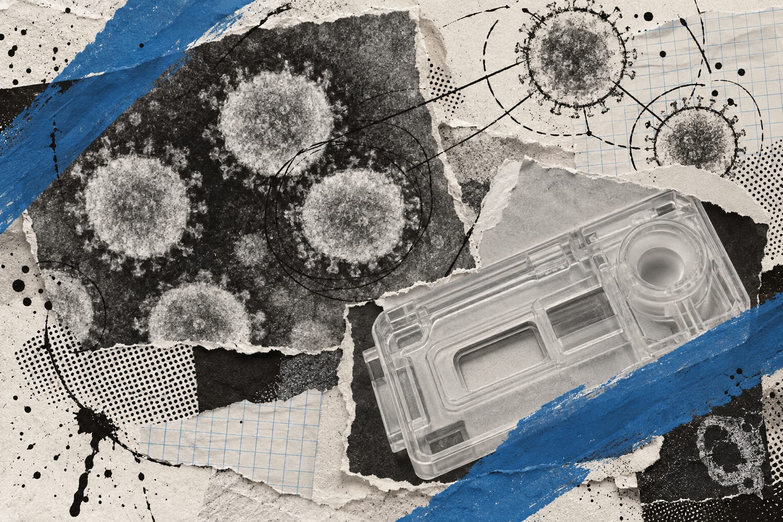 Black-and-white viral particles and an unmarked assay cartridge overlap with ink lines and blue brush strokes on textured paper.