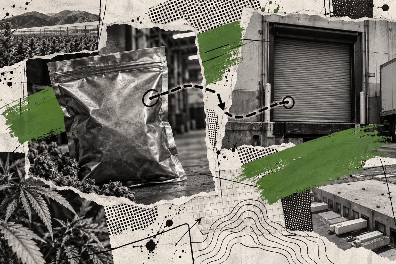 An editorial collage shows a sealed cannabis transport pouch and a closed loading-bay shutter crossed by leaf-green paint.