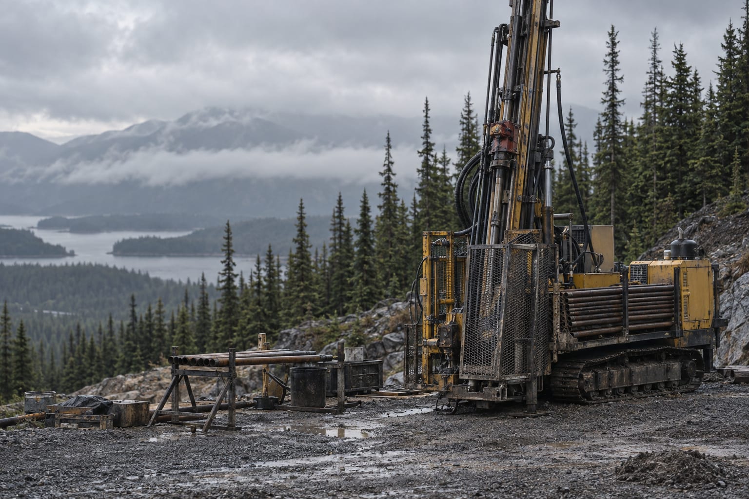 An anonymous diamond drill rig stands on a wet gravel pad beside dark spruce under an overcast sky.