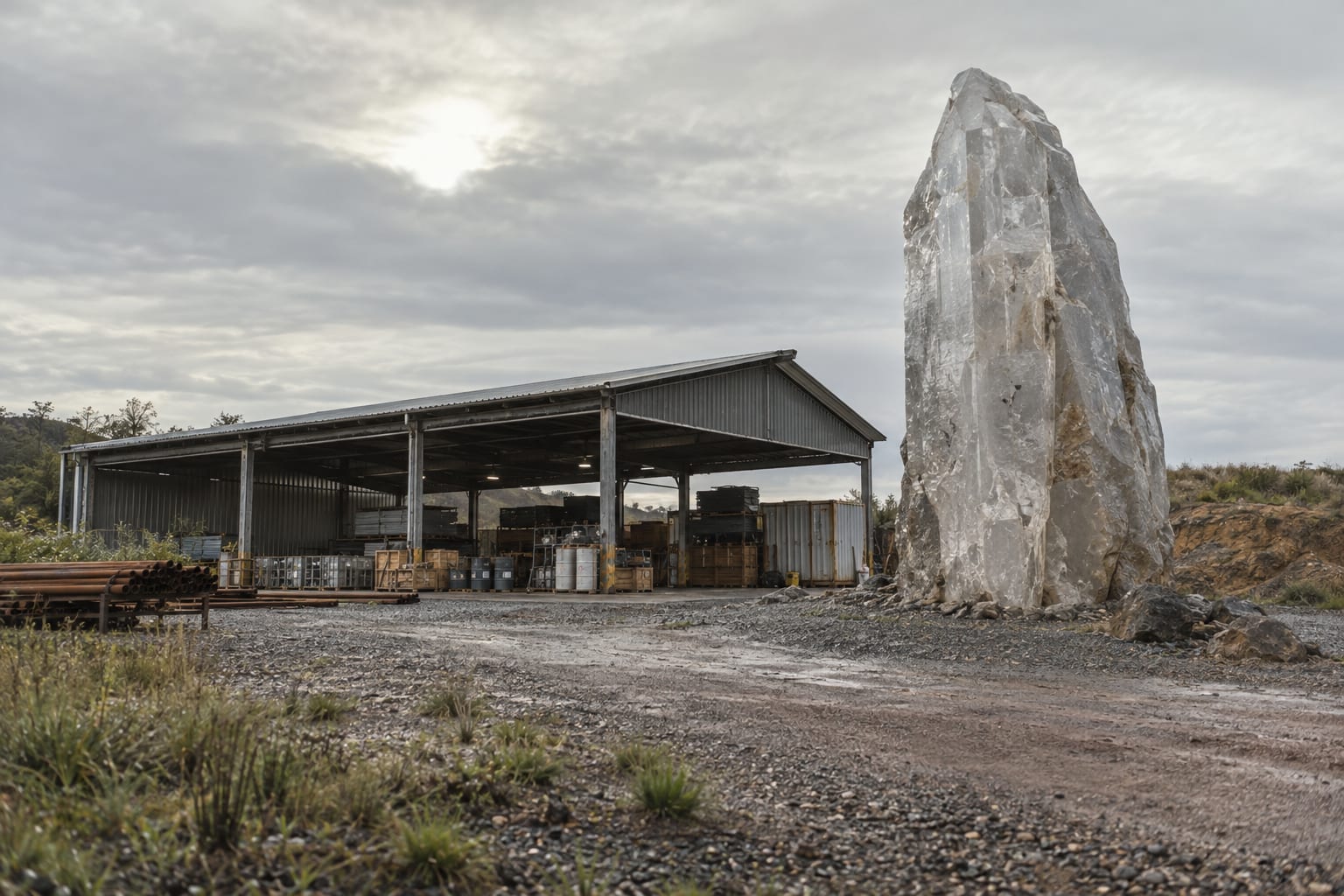 An oversized spodumene crystal stands beside an anonymous exploration supply depot under an overcast sky.