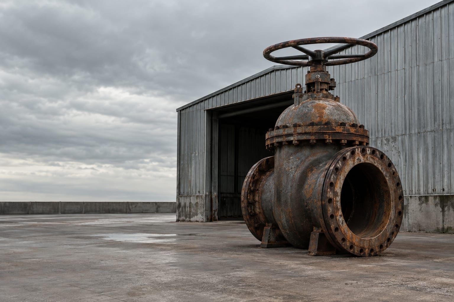 An oversized steel industrial valve stands in an anonymous concrete fabrication yard beneath a grey sky.