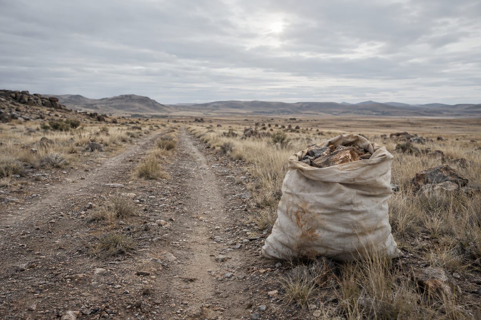 An oversized unmarked canvas ore sample bag rests beside a gravel exploration access track under an overcast sky.