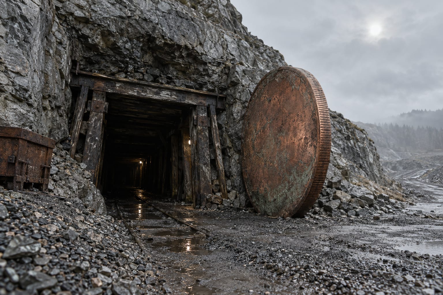 An oversized worn copper coin stands beside the entrance to an anonymous underground mine under a grey sky.