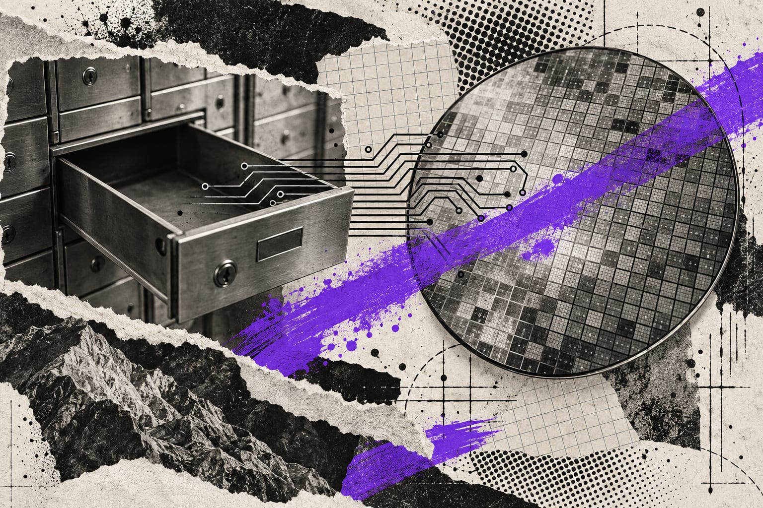 Black-and-white cutouts of a silicon wafer and an open safe-deposit drawer are crossed by a violet brushstroke.