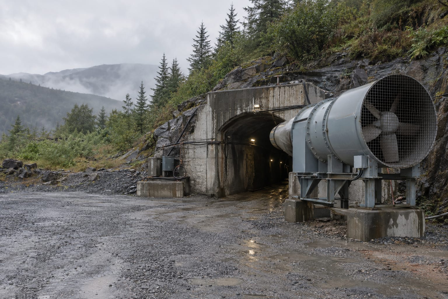 A steel ventilation fan stands beside a generic hillside mine entrance in overcast weather.