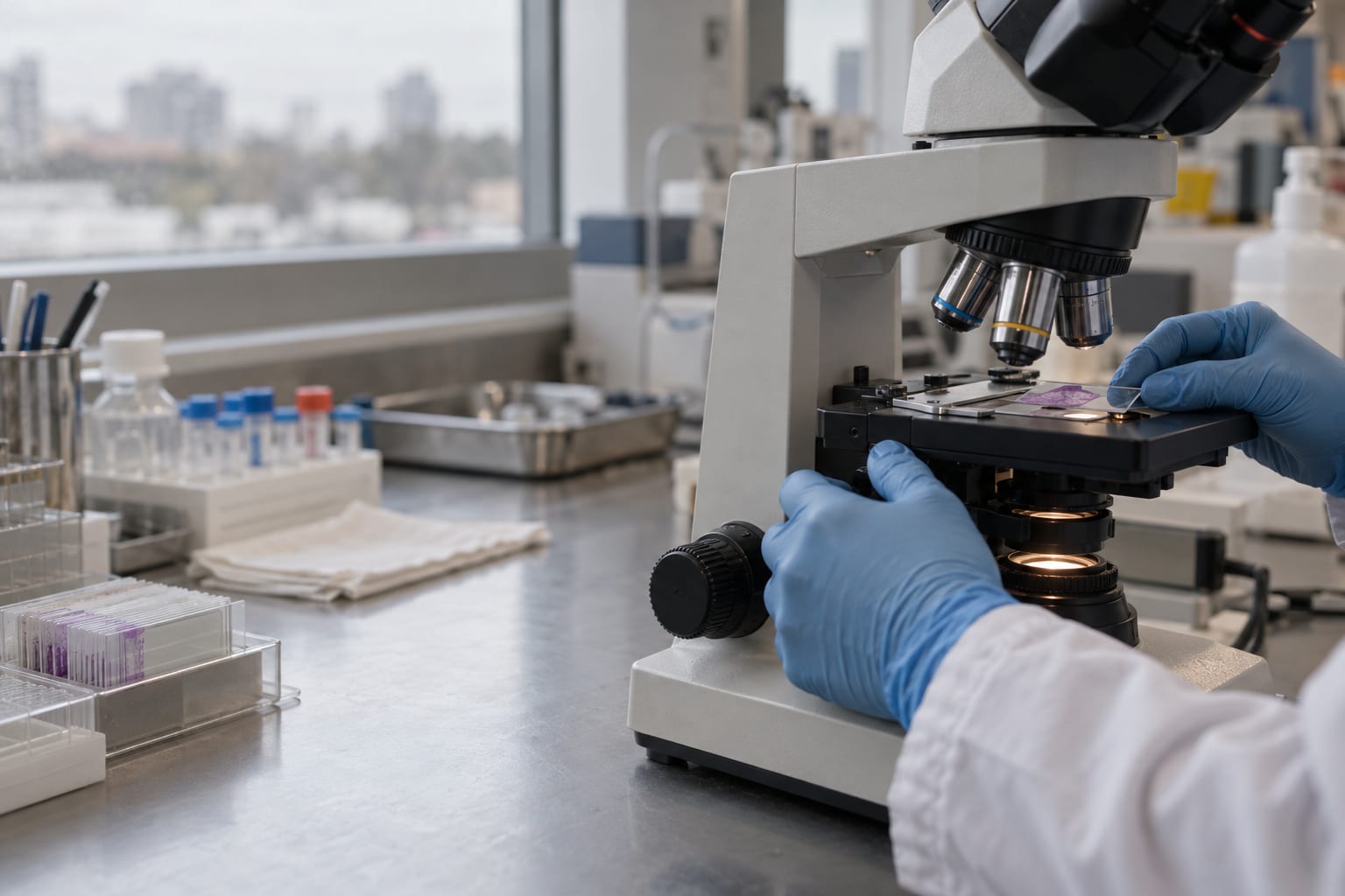 Gloved hands position an anonymous biopsy slide beneath a microscope at a histology bench.