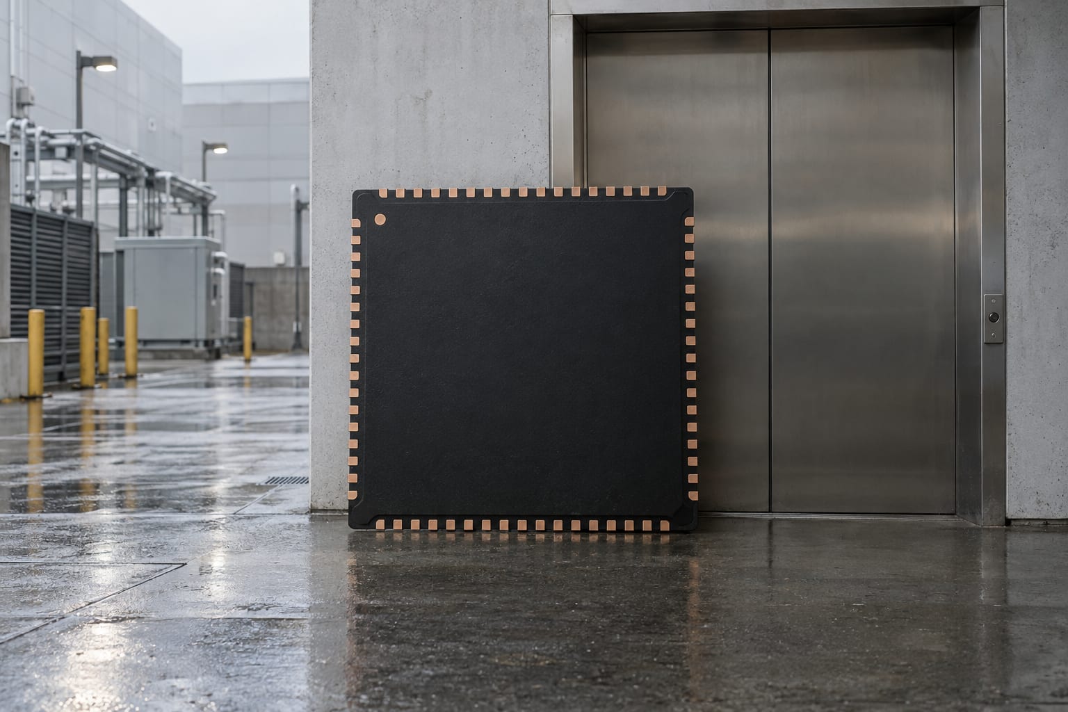 An oversized black ceramic chip package stands in the wet service courtyard of an anonymous semiconductor packaging facility.