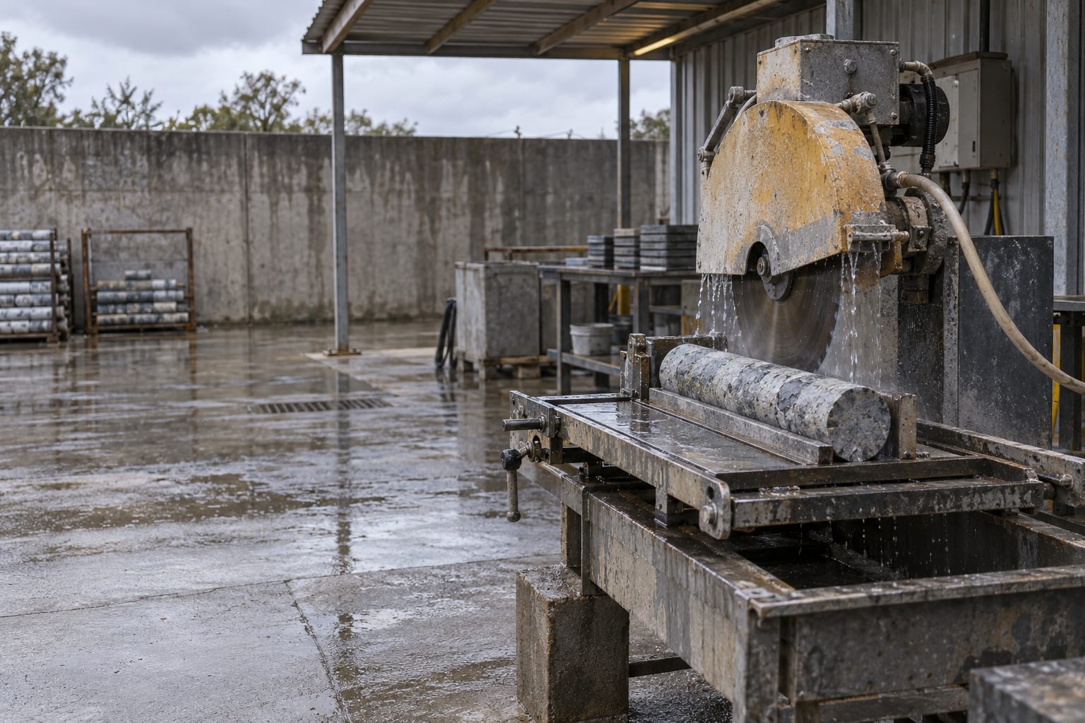 A drill-core cutting saw stands under a corrugated awning in an anonymous paved sample-preparation yard.