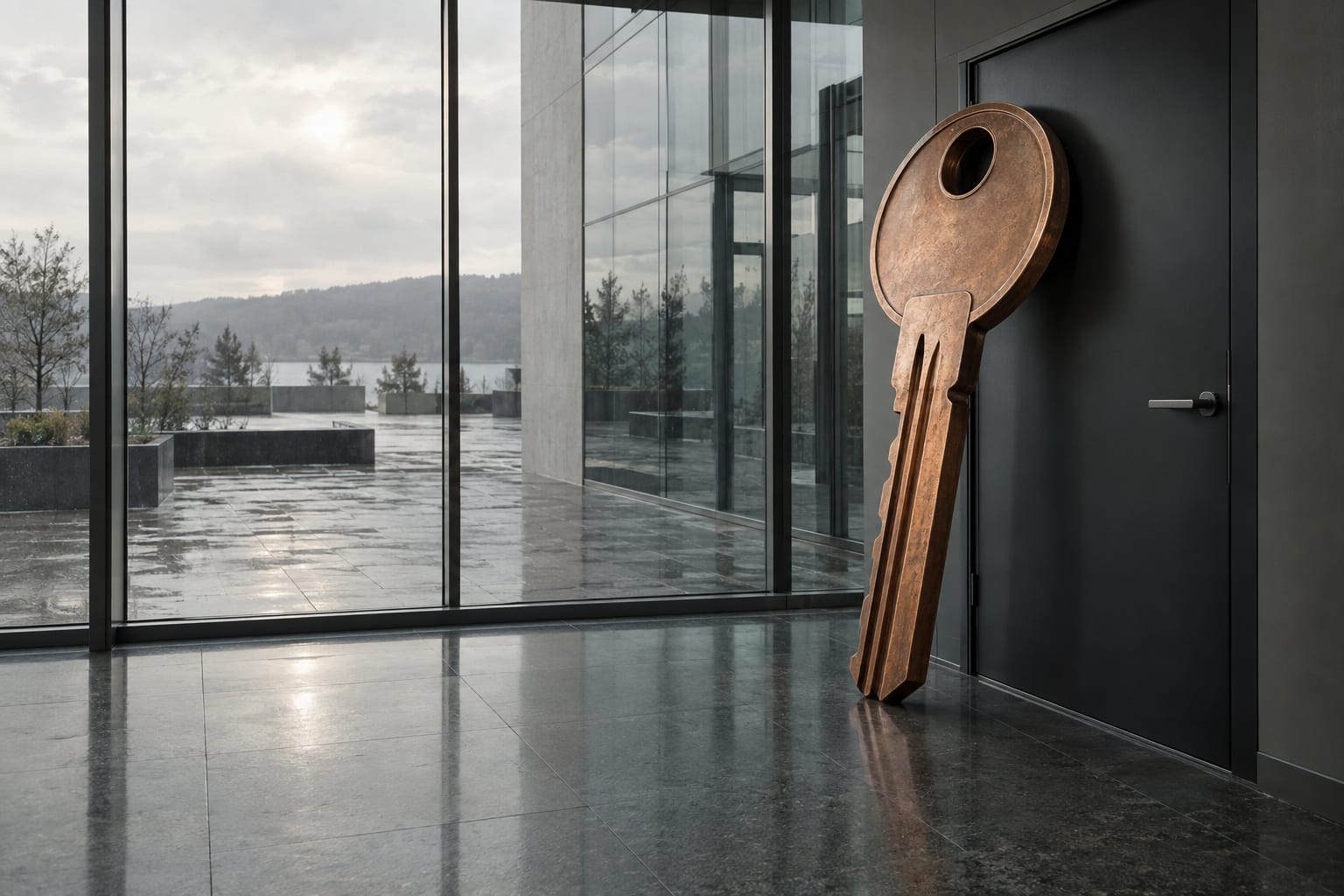 An oversized copper key leans against a glass meeting-room door in an empty office atrium.