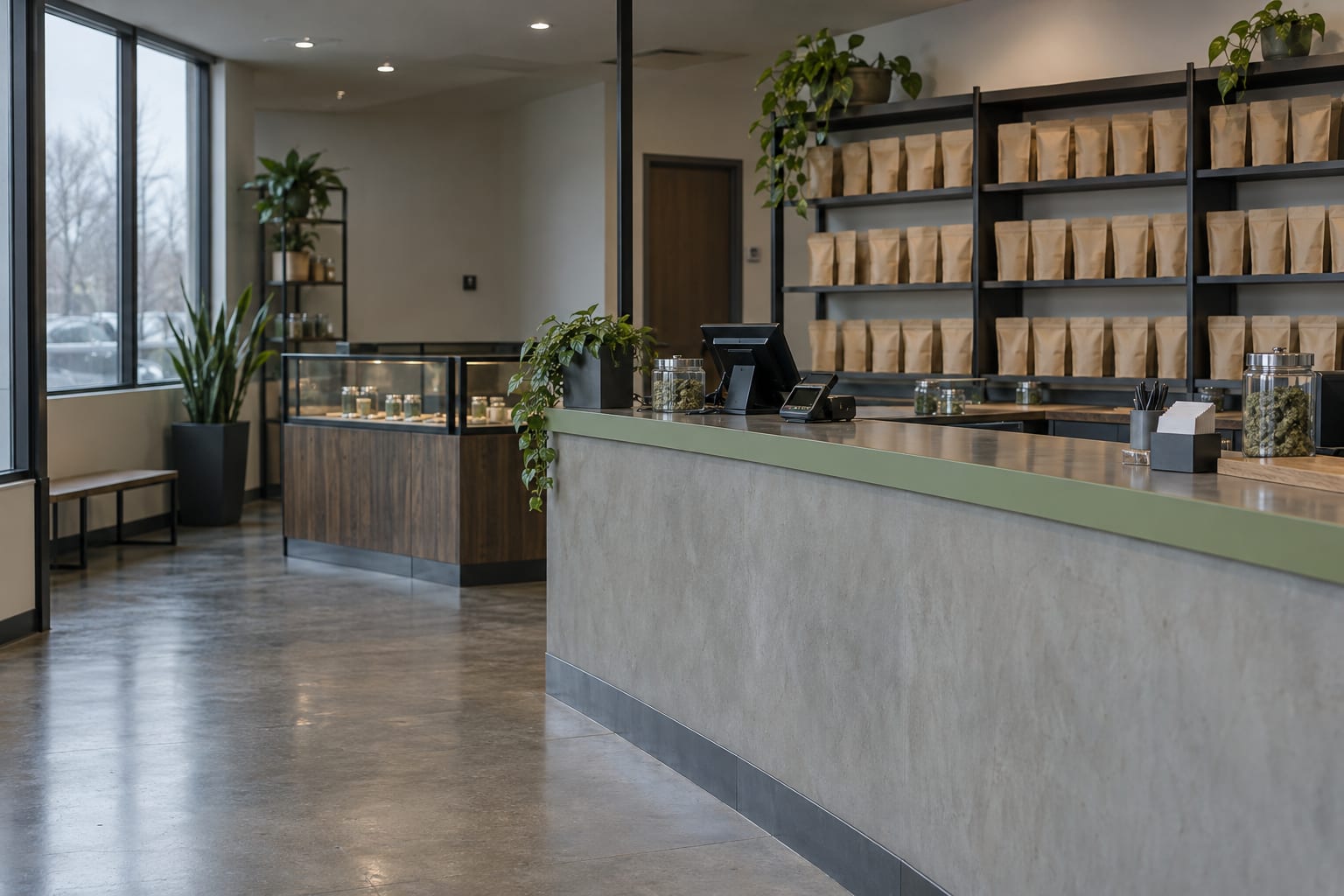 An anonymous dispensary counter stands ready for service beneath white ceiling lights.