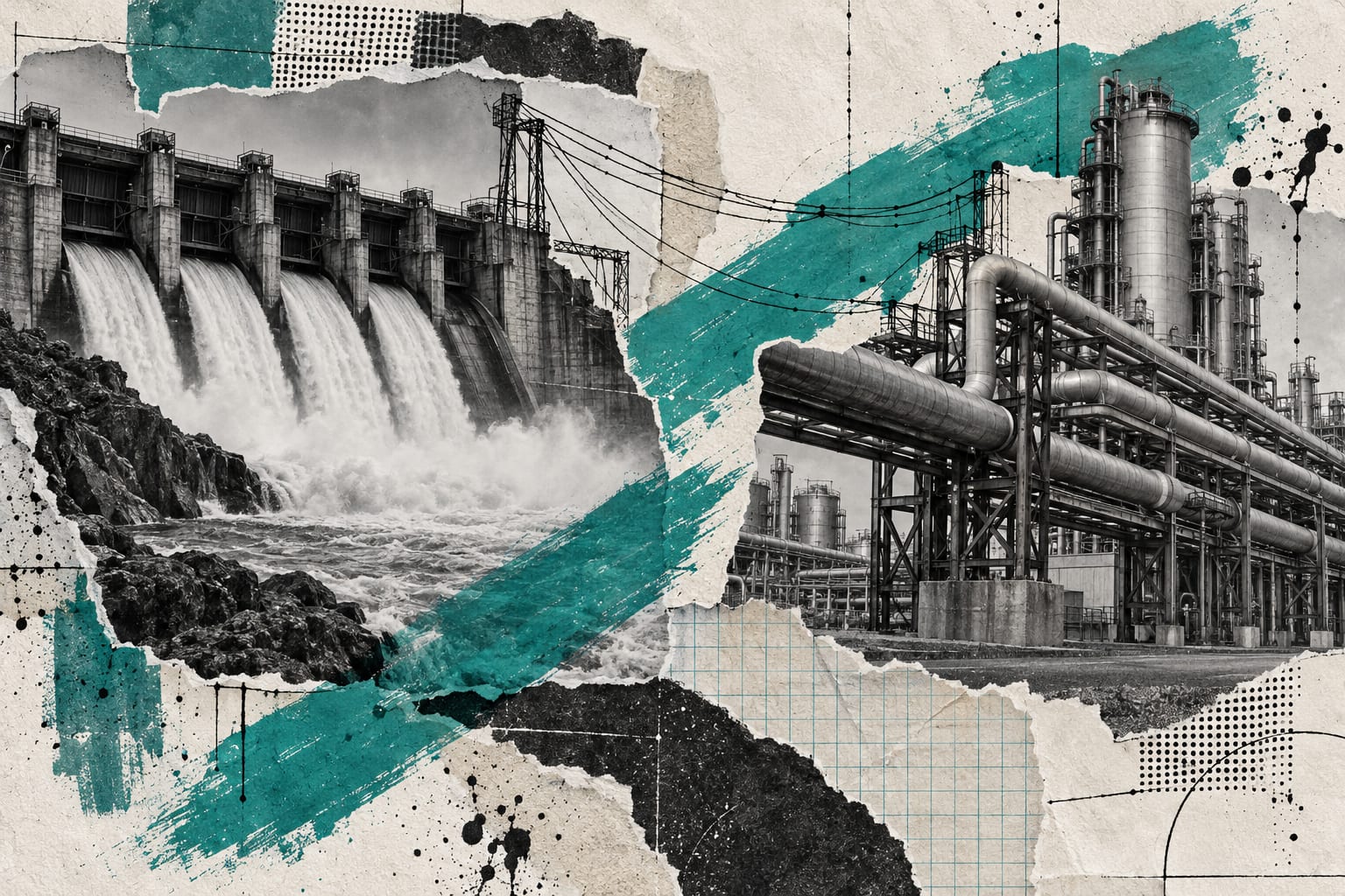 A collage pairs a hydroelectric spillway with an anonymous fertiliser plant pipe gallery under teal brushstrokes.