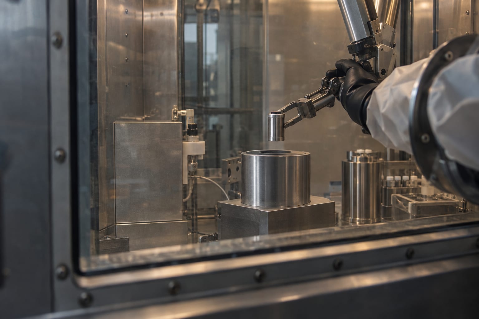 Gloved hands place an unmarked PET tracer capsule into shielded equipment inside an anonymous manufacturing room.