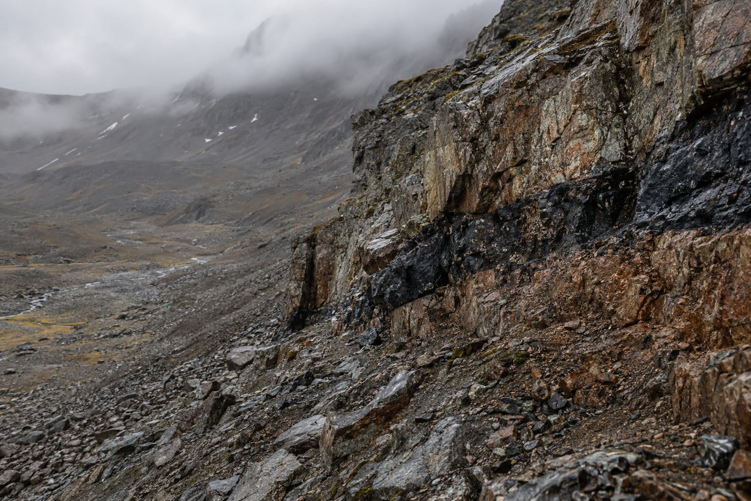 A dark sulphide band crosses a rain-wet volcanic outcrop in an anonymous mountain valley.