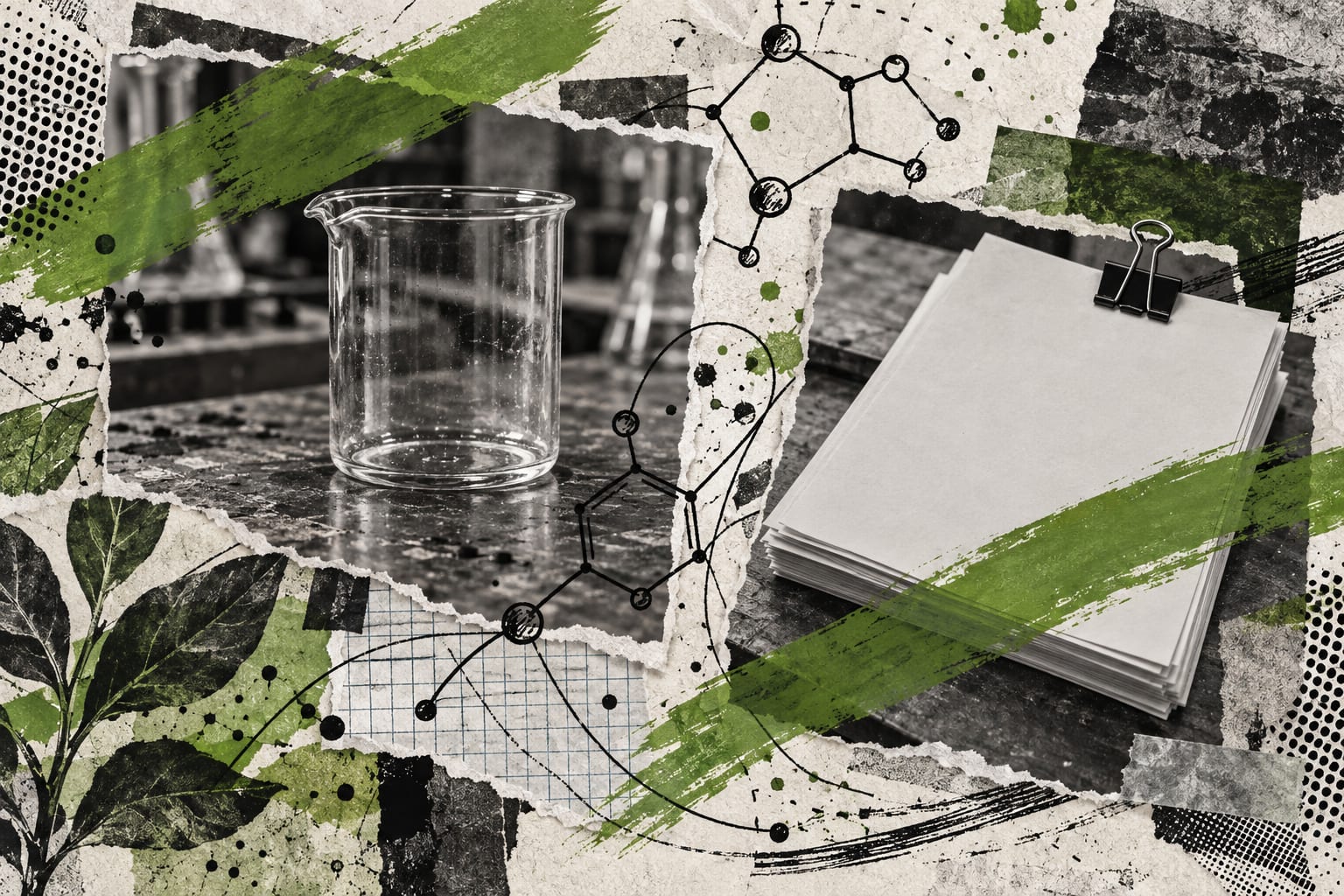 An editorial collage shows an unmarked beaker and blank application sheets joined by ink sketches and leaf-green paint.