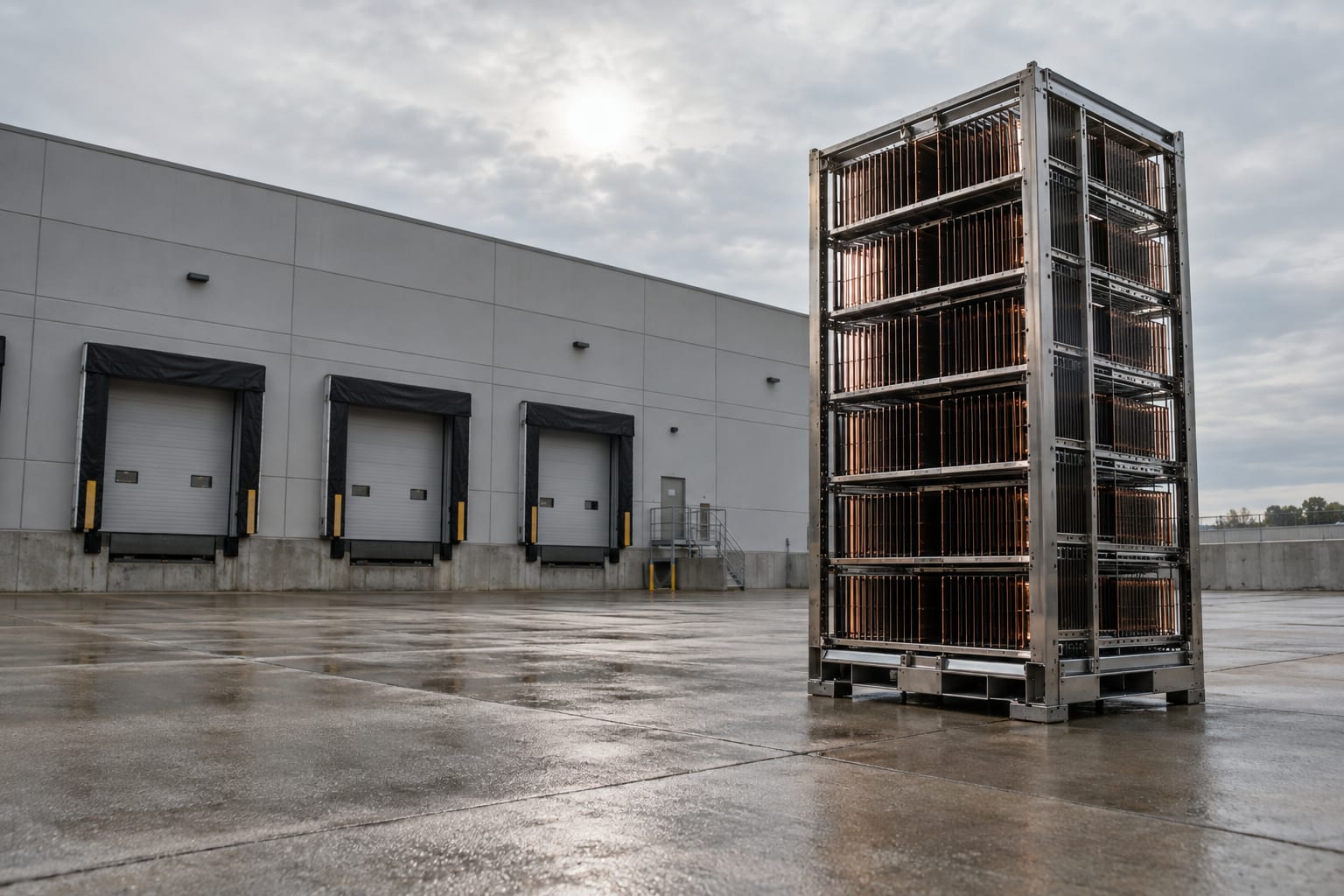 An oversized sample rack stands outside an anonymous chip-testing facility beneath an overcast sky.