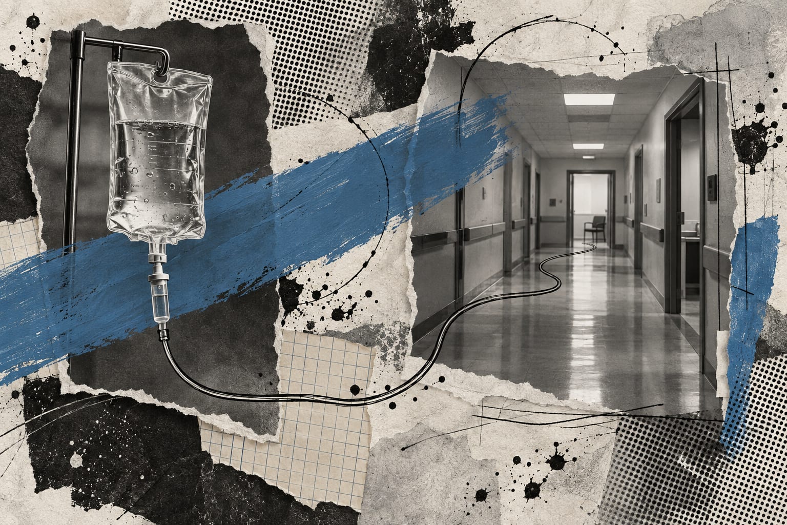 A sealed infusion bag and an empty hallway are layered with ink lines and cool blue paint.