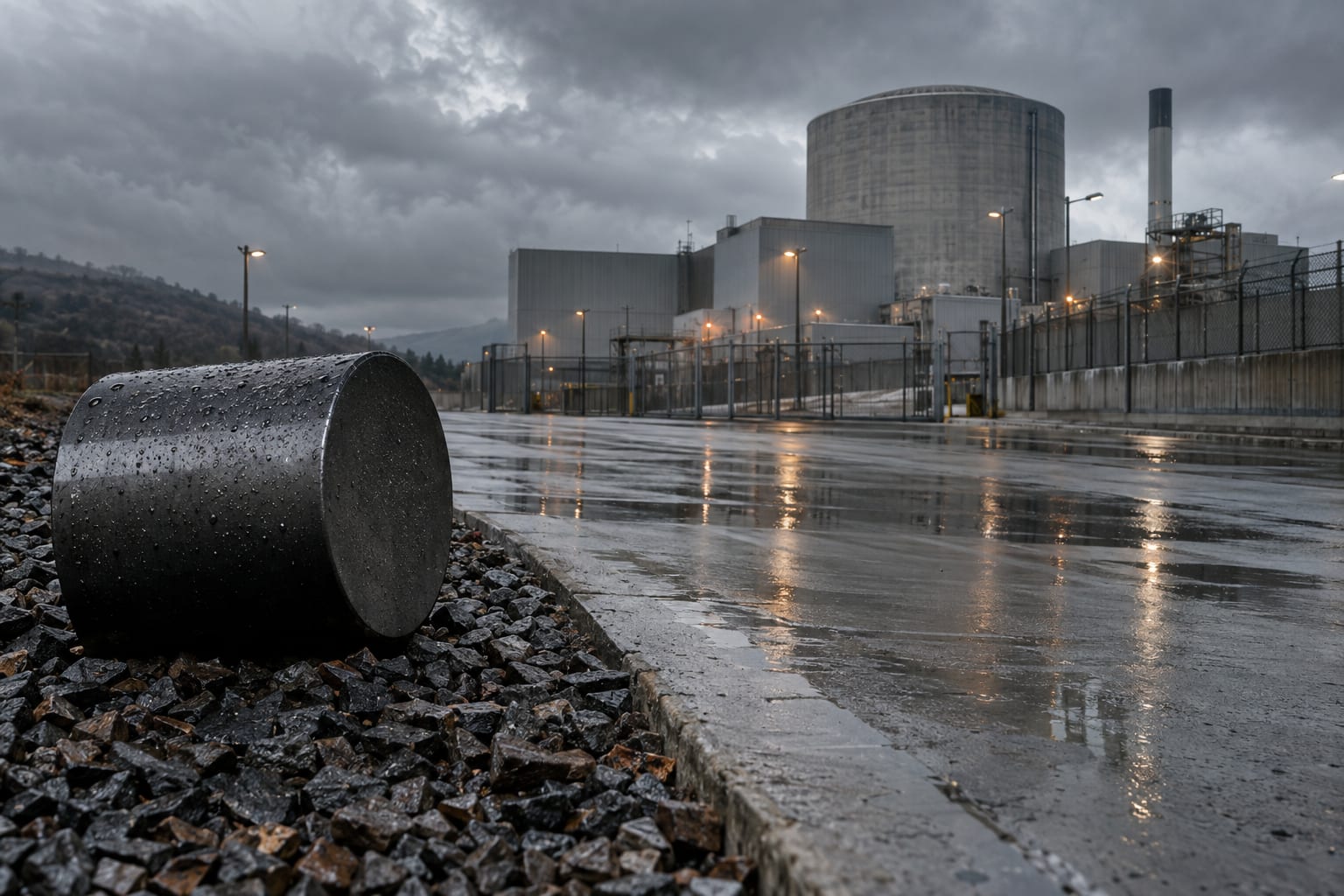 An oversized ceramic nuclear fuel pellet stands beside an empty concrete service road at an anonymous industrial facility.