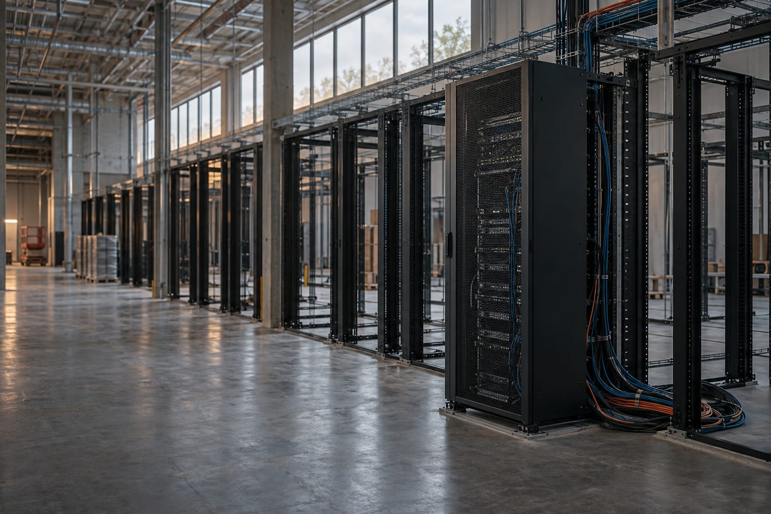 An unbranded server cabinet stands partly installed in a generic data hall aisle under soft daylight.