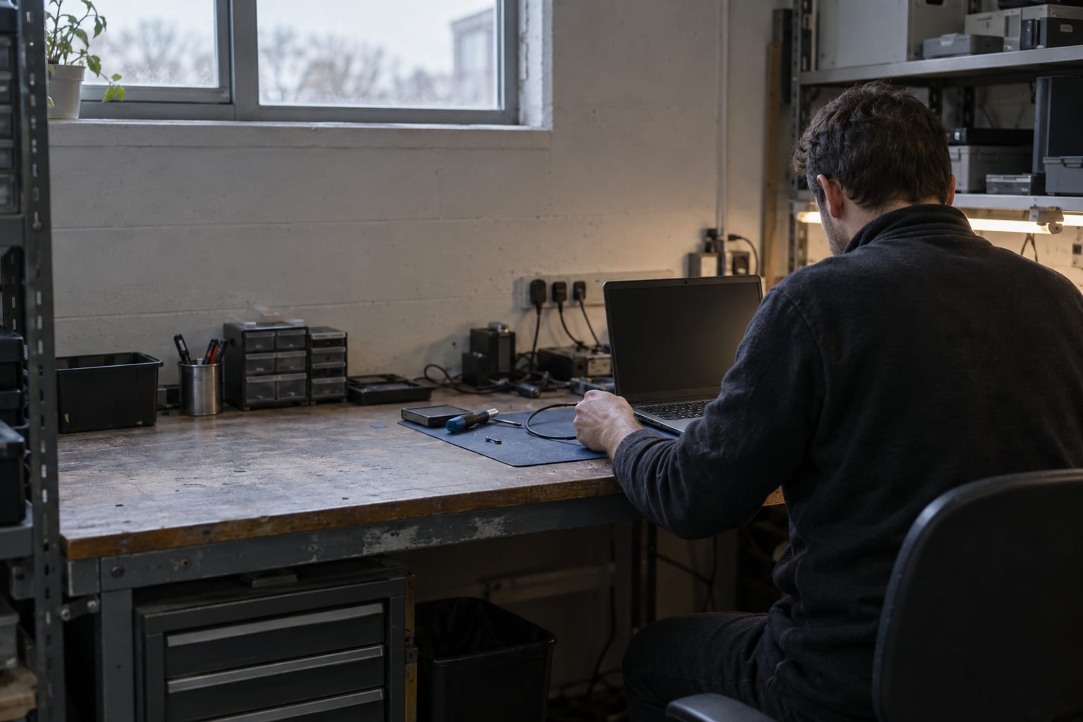 A technician reconnects a laptop at a generic IT service workbench.