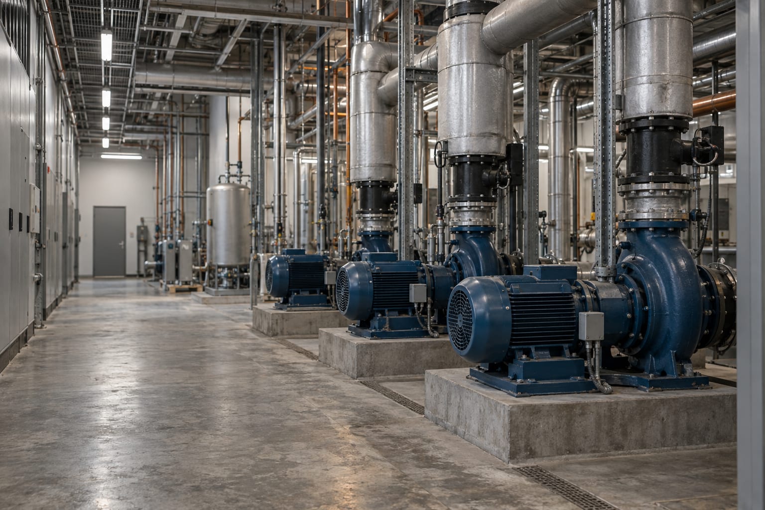 Industrial coolant pumps and insulated pipes fill an anonymous utility gallery.