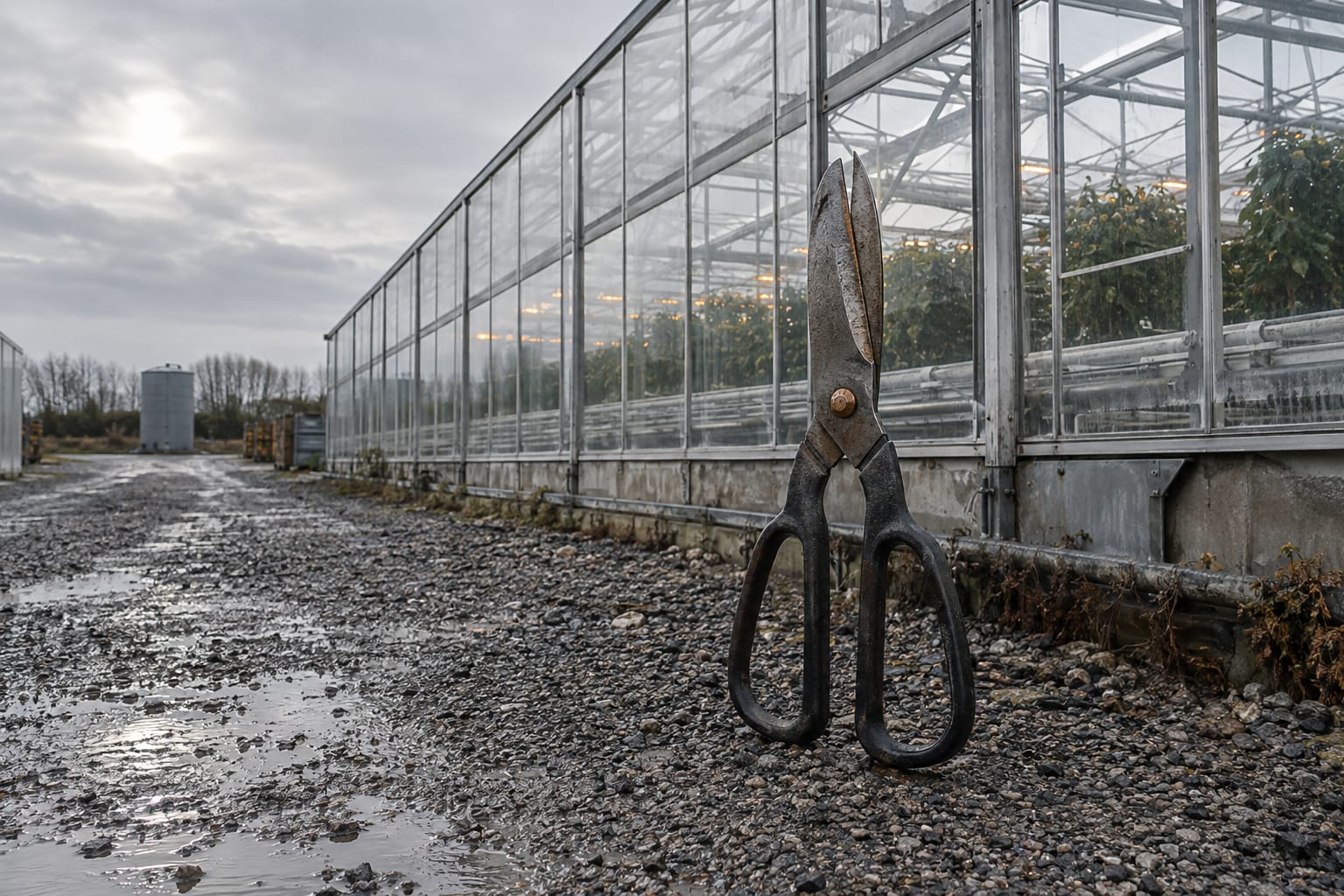Oversized closed trimming shears stand beside an anonymous glasshouse on a wet gravel access lane under an overcast sky.
