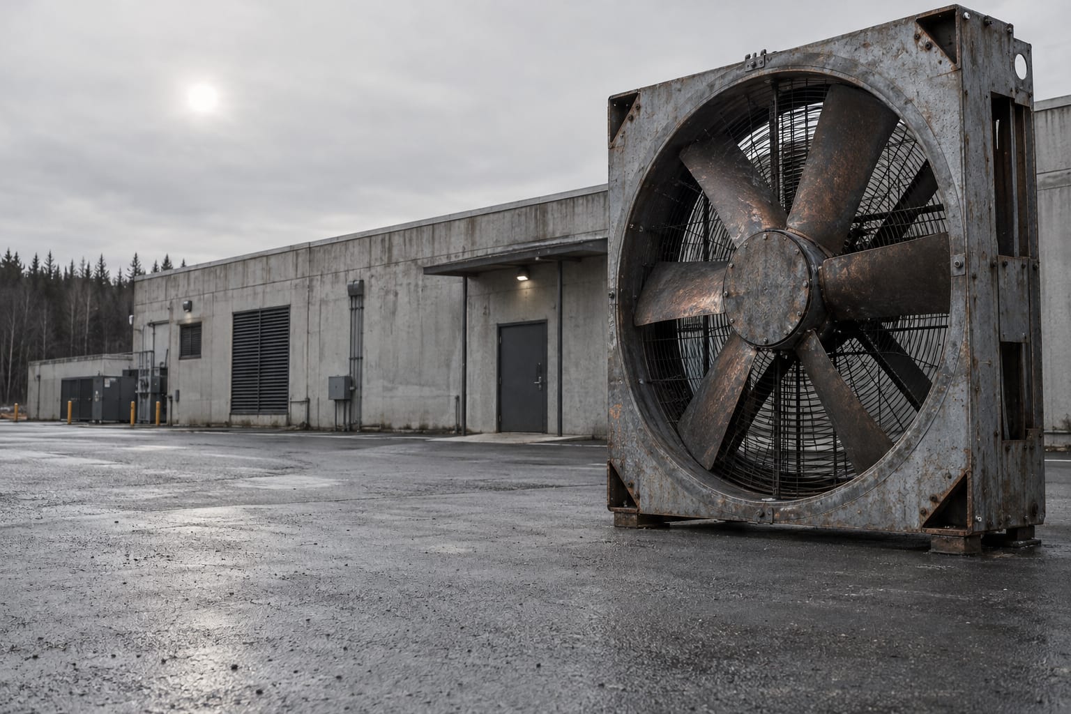 An oversized mining rig fan stands in the service court outside an anonymous hosting building.