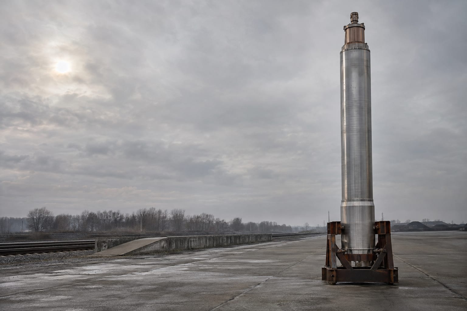 An oversized centrifuge rotor stands on an empty concrete loading apron under an overcast sky.