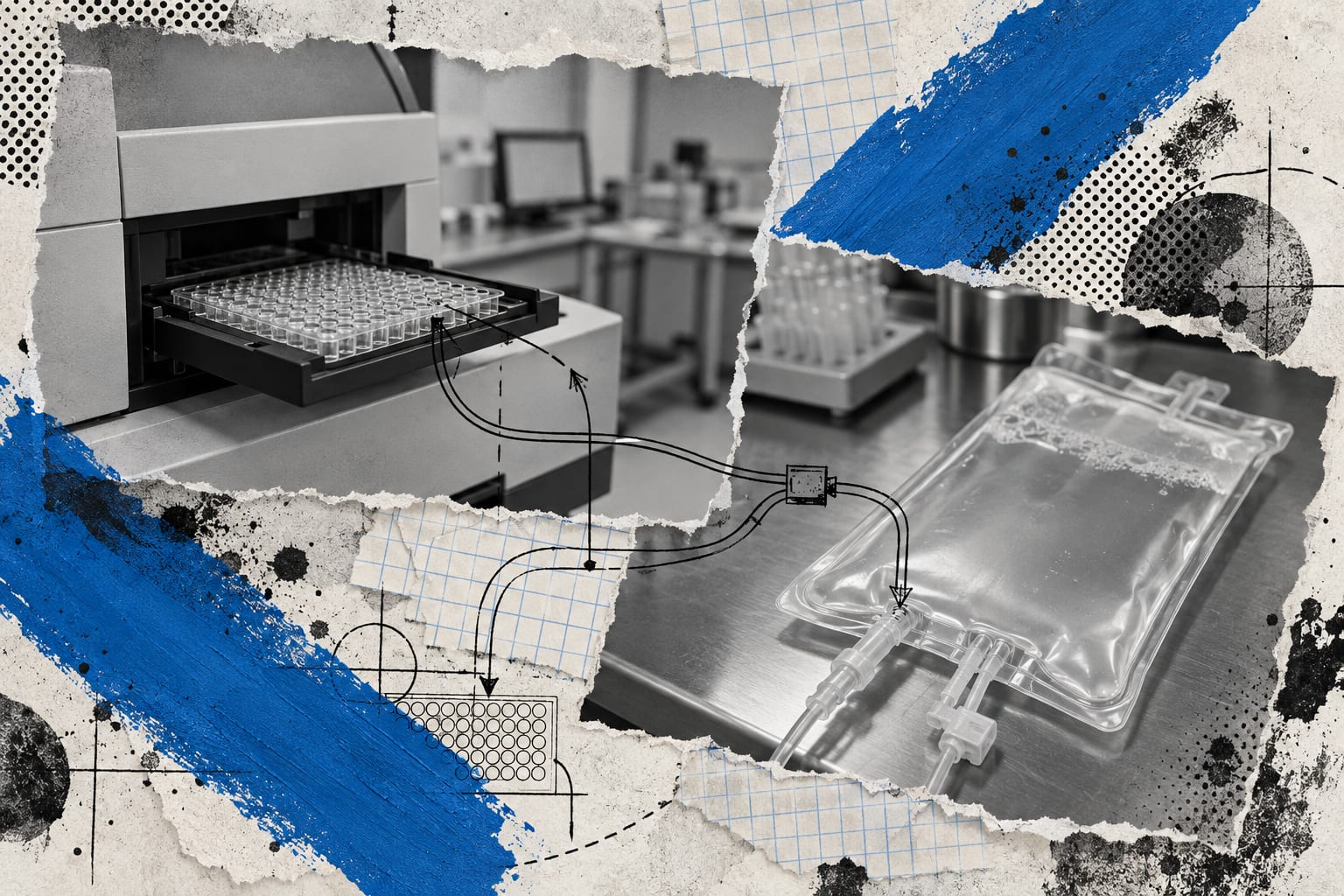 A paper collage shows an assay reader and sealed cell therapy pouch crossed by cool blue brushstrokes.