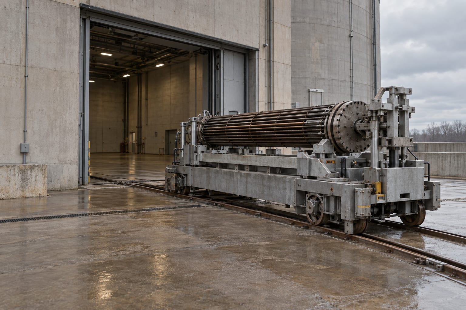 An unbranded retube tooling carriage stands outside a generic reactor service building.