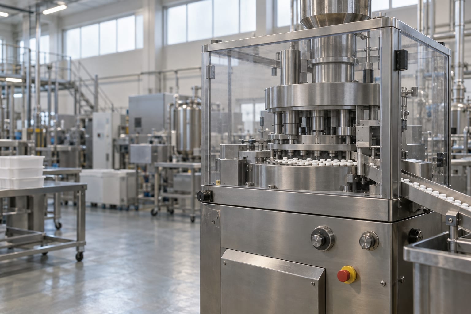 A stainless-steel tablet press stands inside a generic pharmaceutical manufacturing hall.