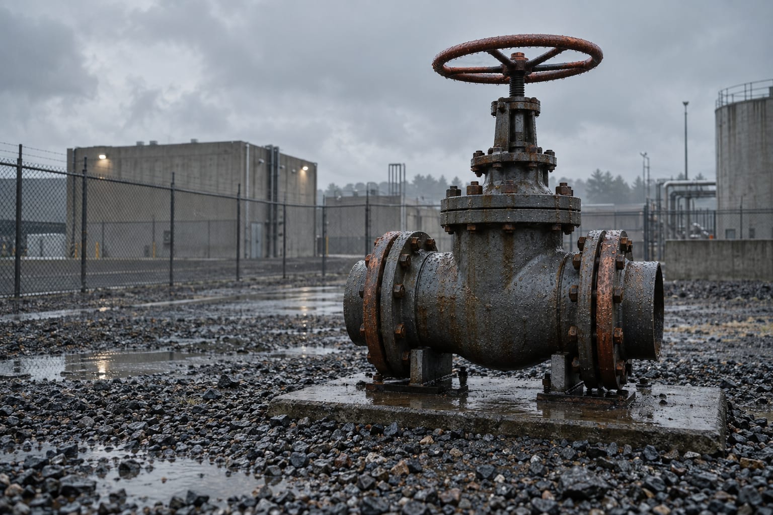 An oversized steel isolation valve stands inside an anonymous industrial maintenance bay.