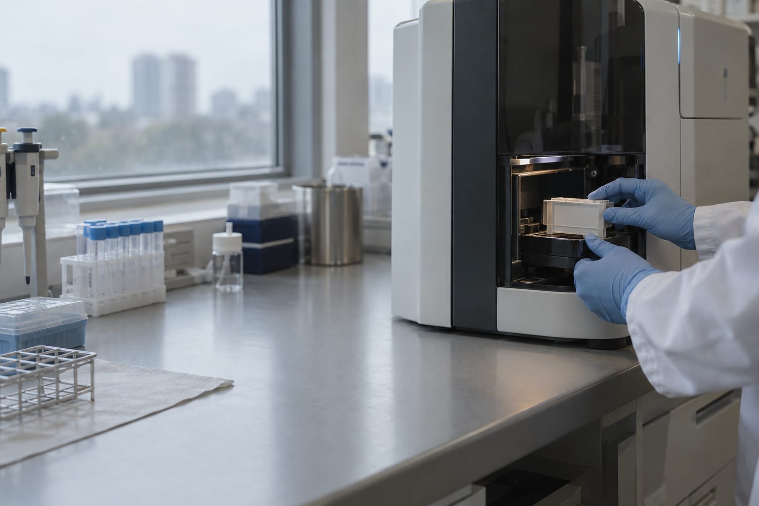 Gloved hands load an unmarked cartridge into a flow cytometer on an anonymous respiratory laboratory bench.