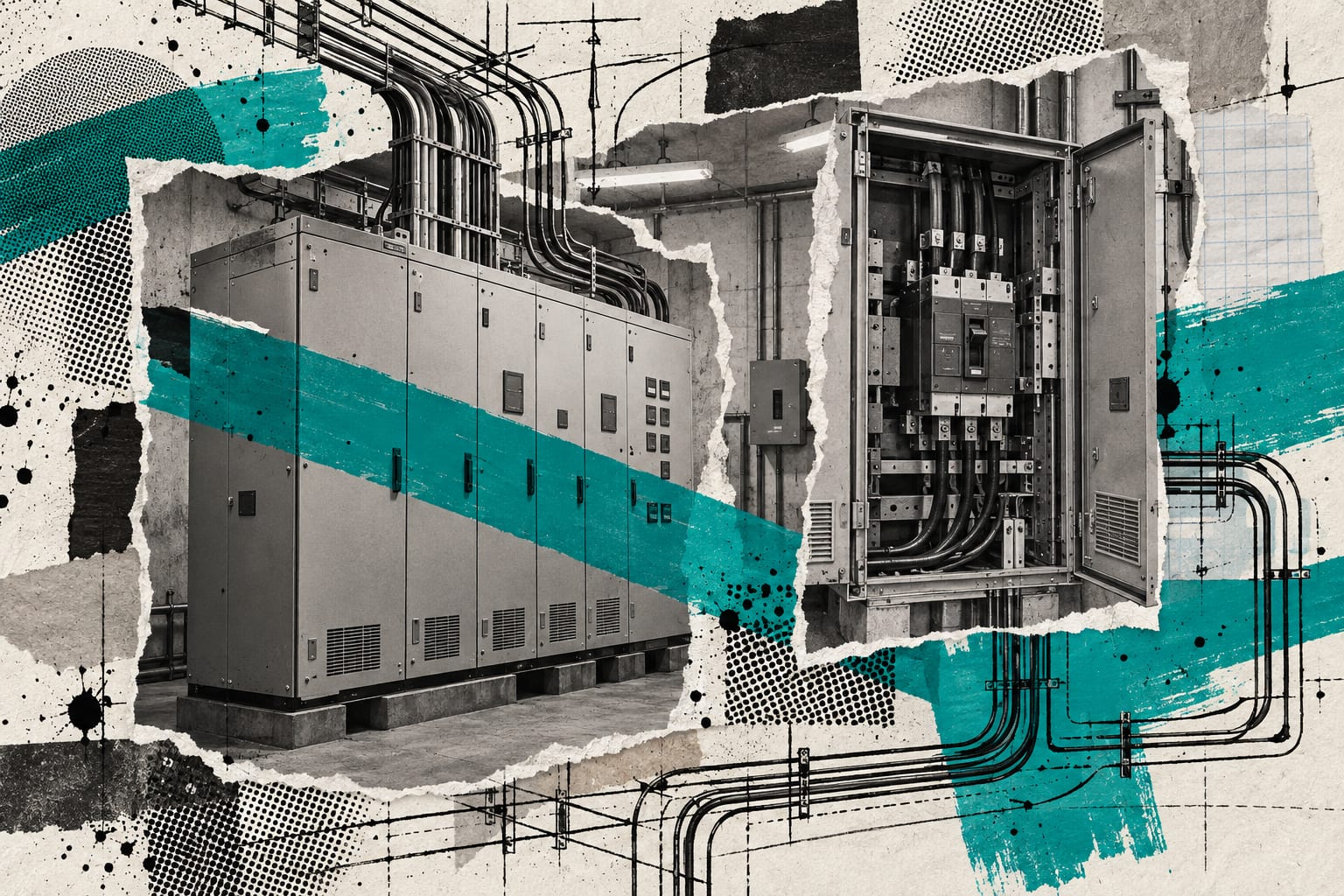 A mixed-media collage shows unmarked electrical switchgear and an open breaker compartment with teal brush strokes and ink lines.