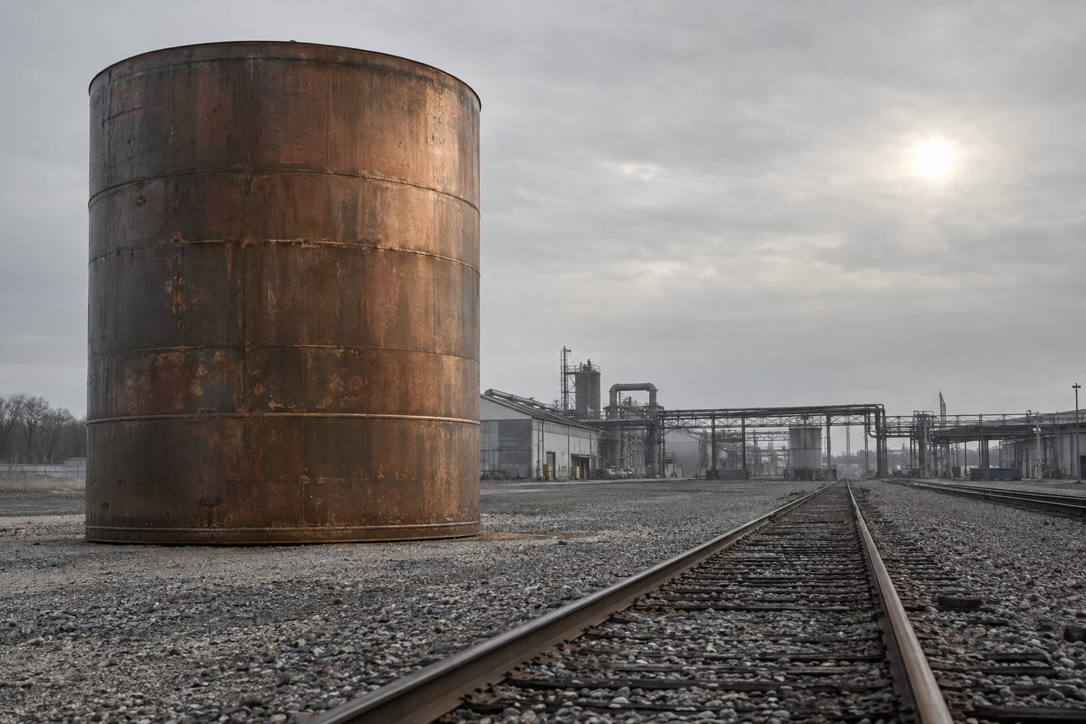 An oversized sealed steel drum stands beside an anonymous chemical works railway siding under overcast skies.