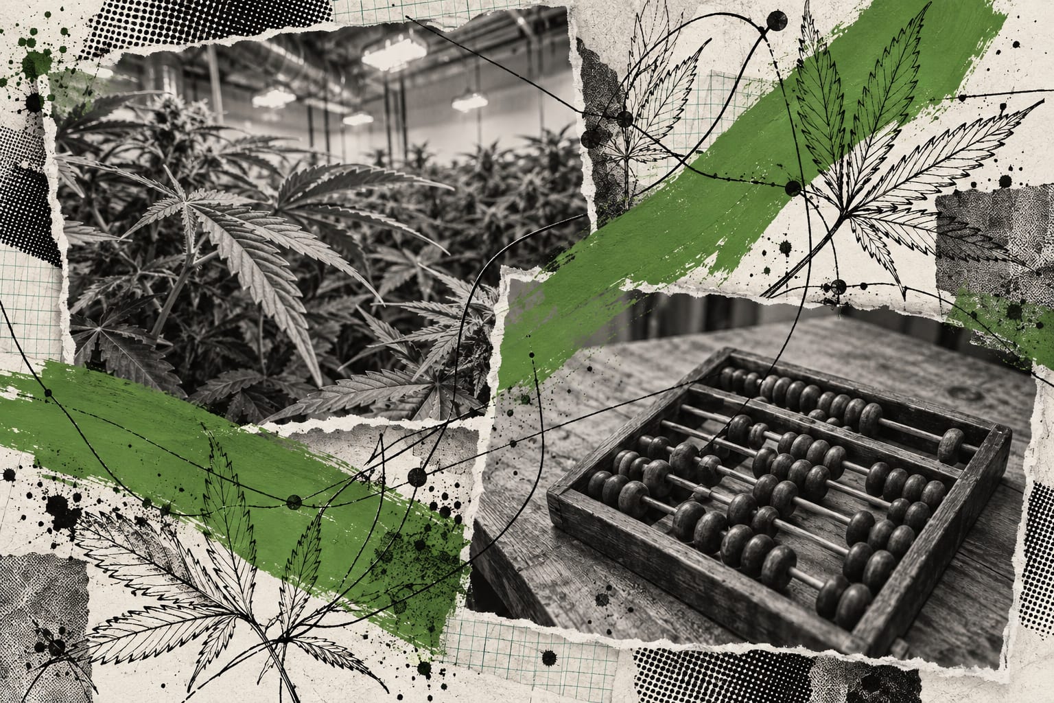 A cannabis leaf and an abacus appear as cut-out photographs in a layered editorial collage.