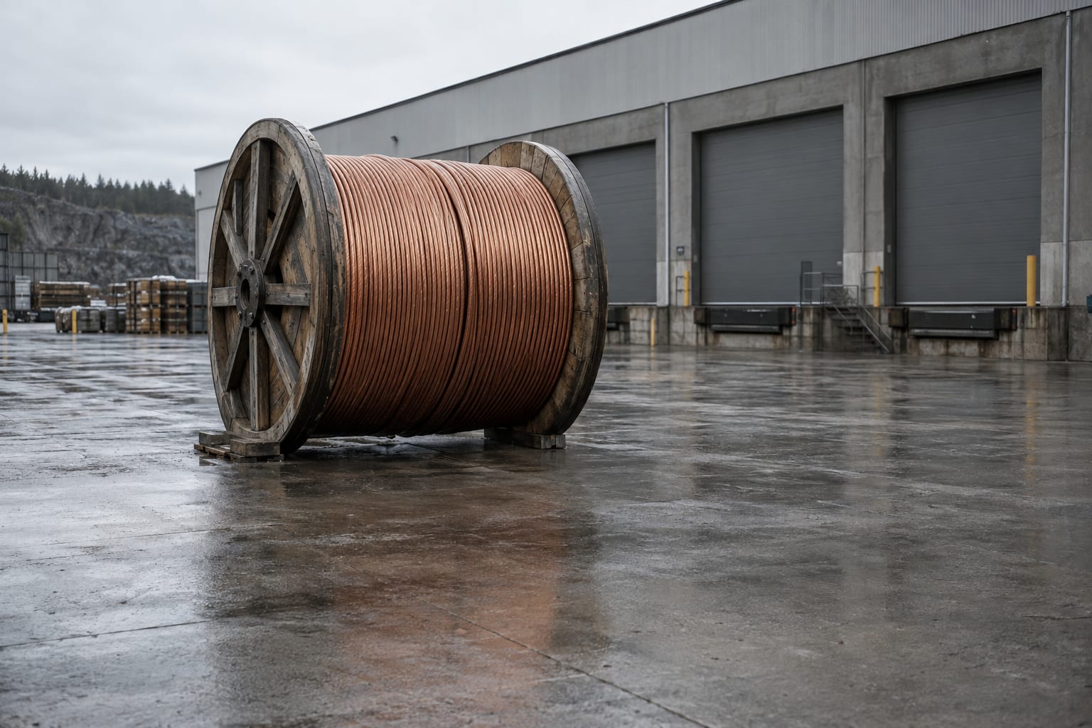 An oversized copper cable drum stands outside a generic industrial warehouse beneath an overcast sky.