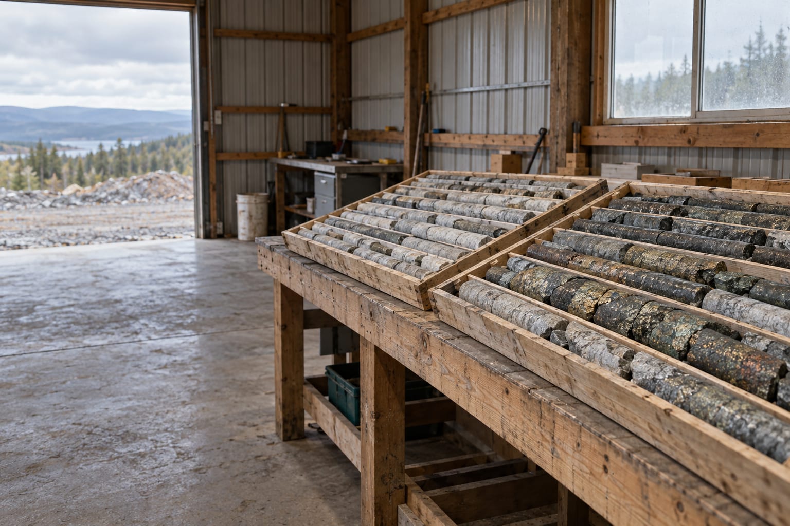 Drill core rests in open trays on a bench inside a timber logging shed.