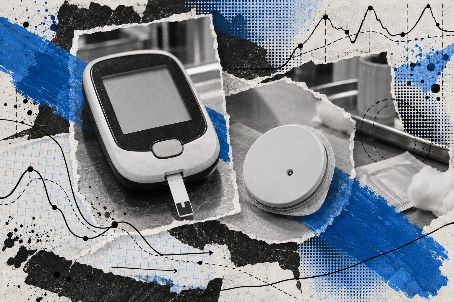 An editorial collage shows a blank glucose meter and a continuous glucose sensor beneath cool blue ink strokes.