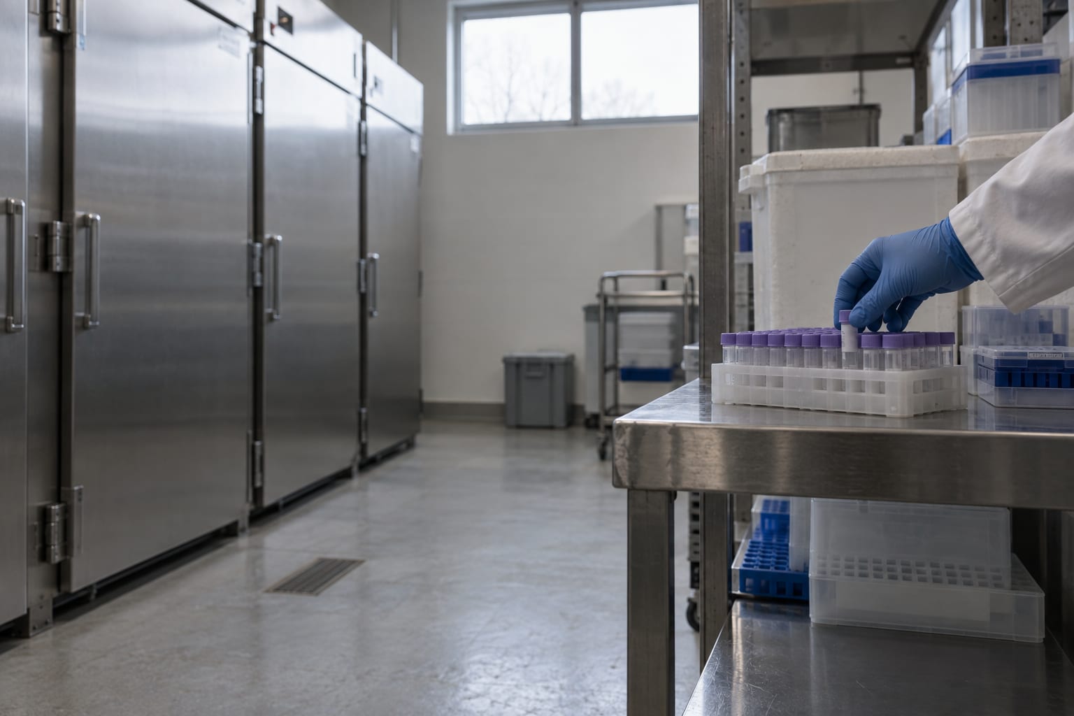 A gloved hand prepares an unlabelled sample rack in an anonymous medical cold-chain freezer room.