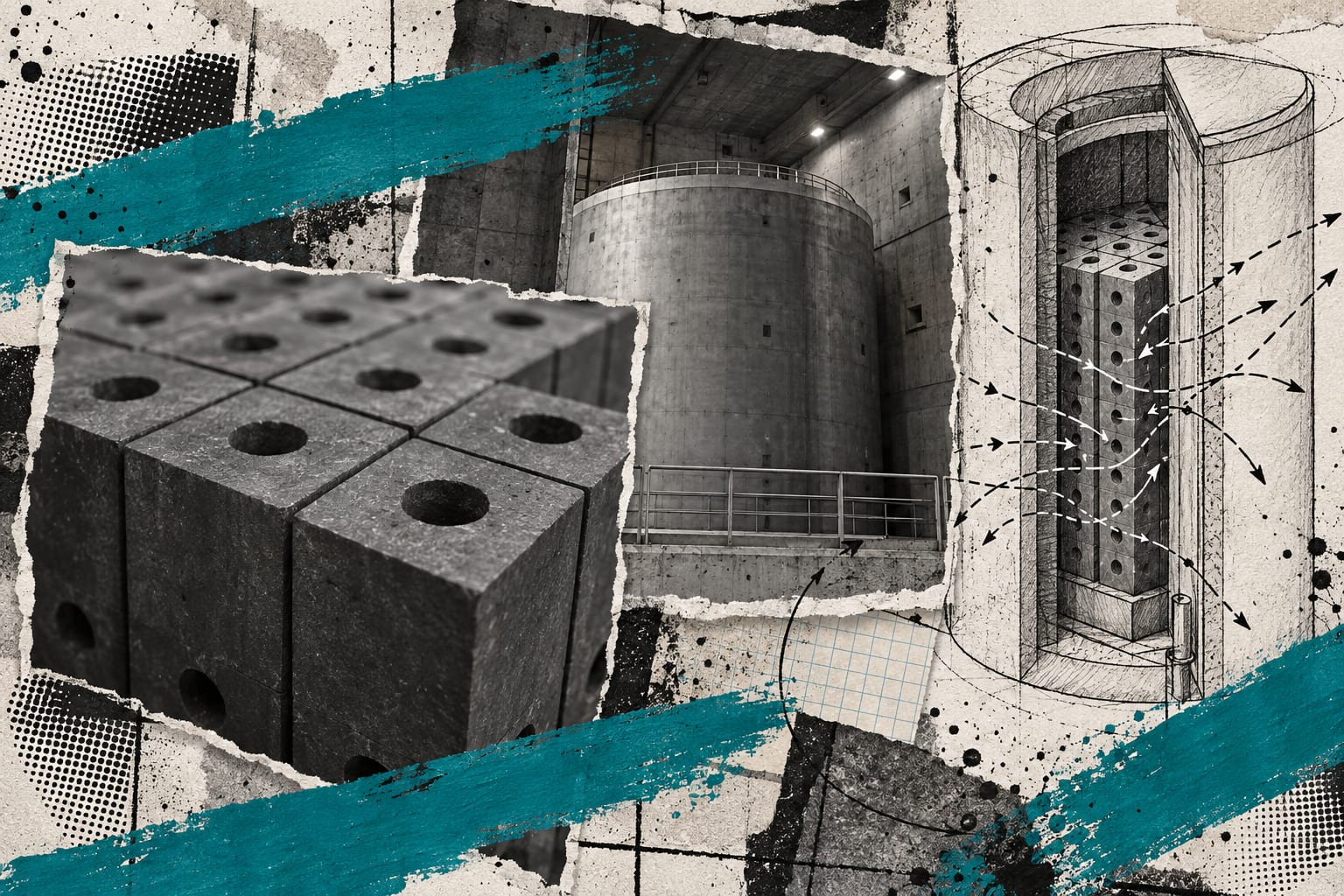An editorial collage pairs a graphite moderator block with a cylindrical reactor shielding shell and teal brush strokes.
