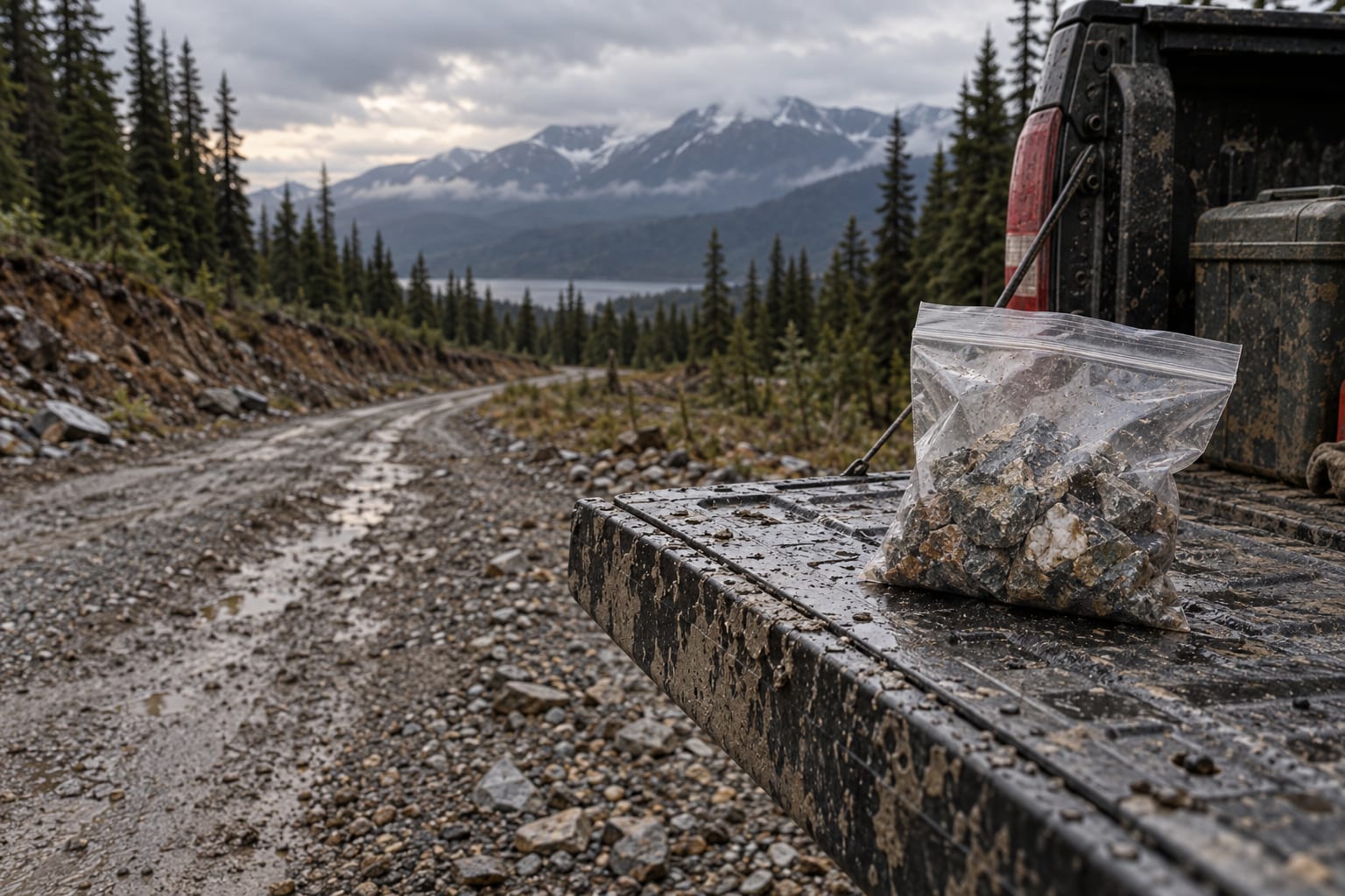 An unmarked mineral sample bag rests on a pickup tailgate beside a wet forest service road under overcast skies.