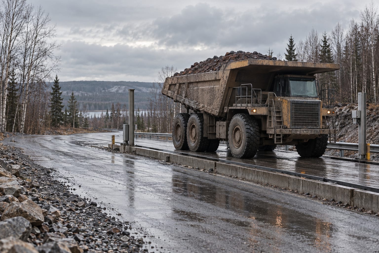 An ore haulage truck stands on a roadside weighbridge beside wet asphalt and bare birch trees.