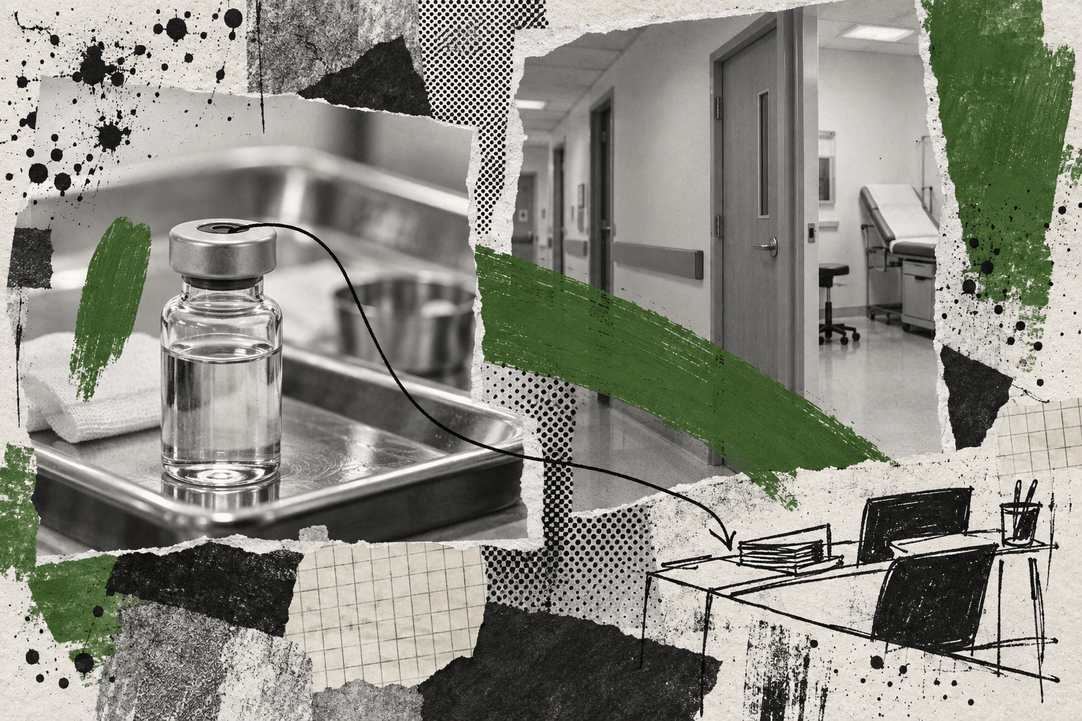 A collage of a clinical research corridor and a capped medicine vial with green brushstrokes and ink lines.