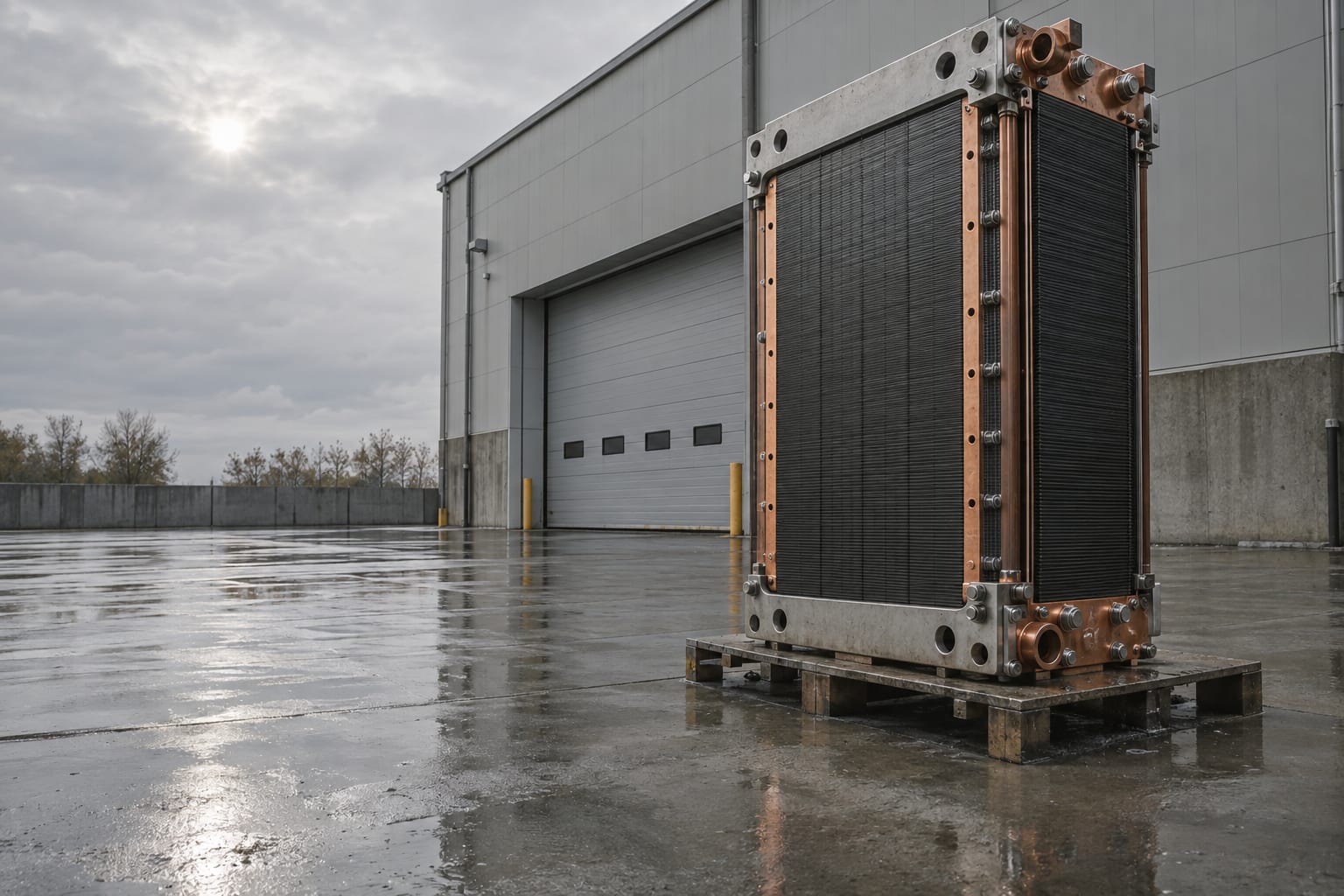 A single oversized membrane electrode assembly stands at an anonymous warehouse loading dock under overcast light.