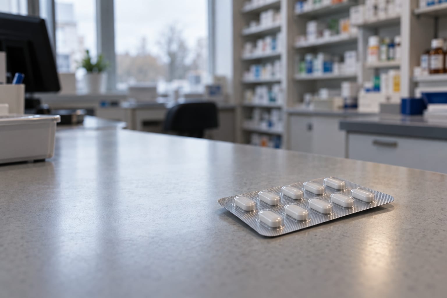 An unbranded blister pack rests on an empty pharmacy dispensary counter under soft overcast light.