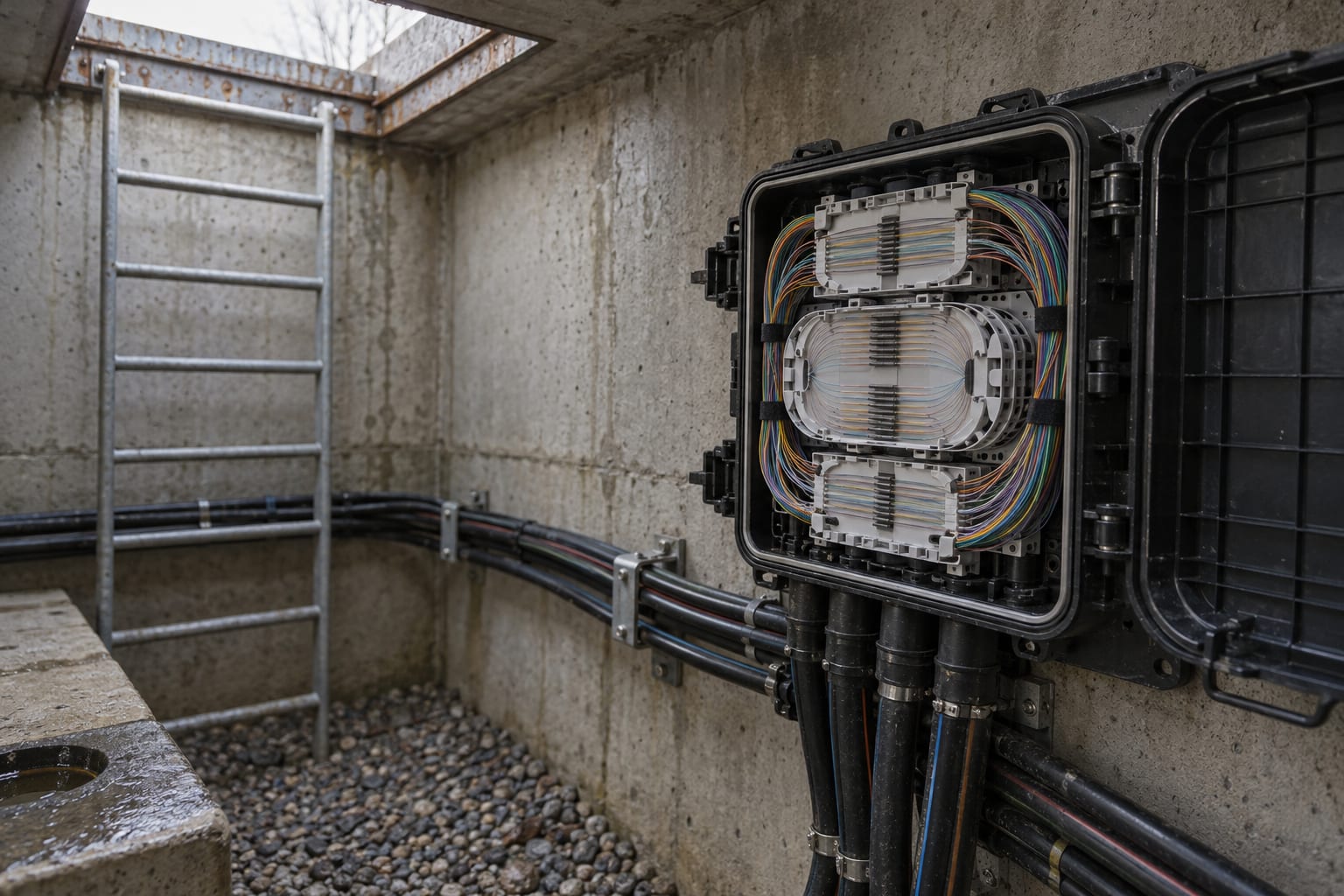 An open fibre splice enclosure holds fine strands in orderly trays inside a concrete telecommunications cable vault.