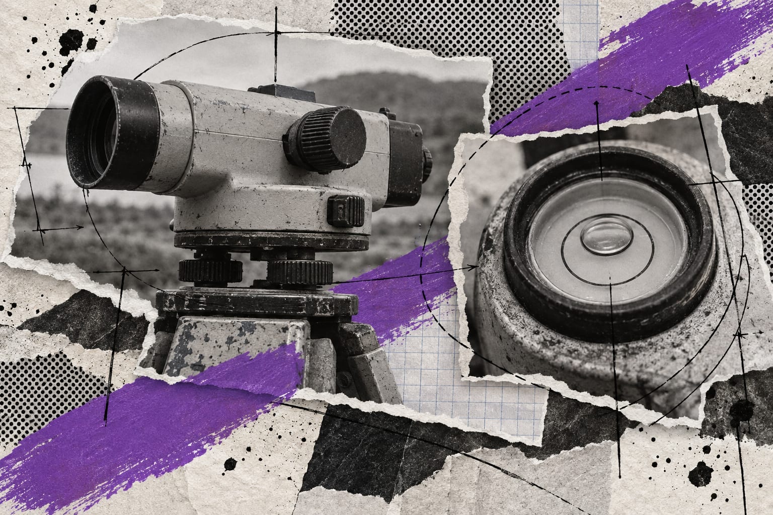 A collage layers black-and-white photographs of a surveying level with ink boundary lines and a violet painted stroke.